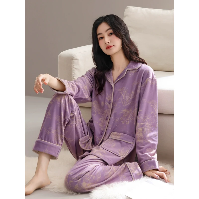 睡衣女冬季珊瑚绒加厚加绒保暖秋冬海岛绒中年妈妈家居服春秋套装