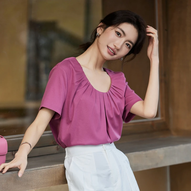 风笛2025夏季新款V领褶皱棉短袖T恤女设计感纯色简约气质显瘦上衣