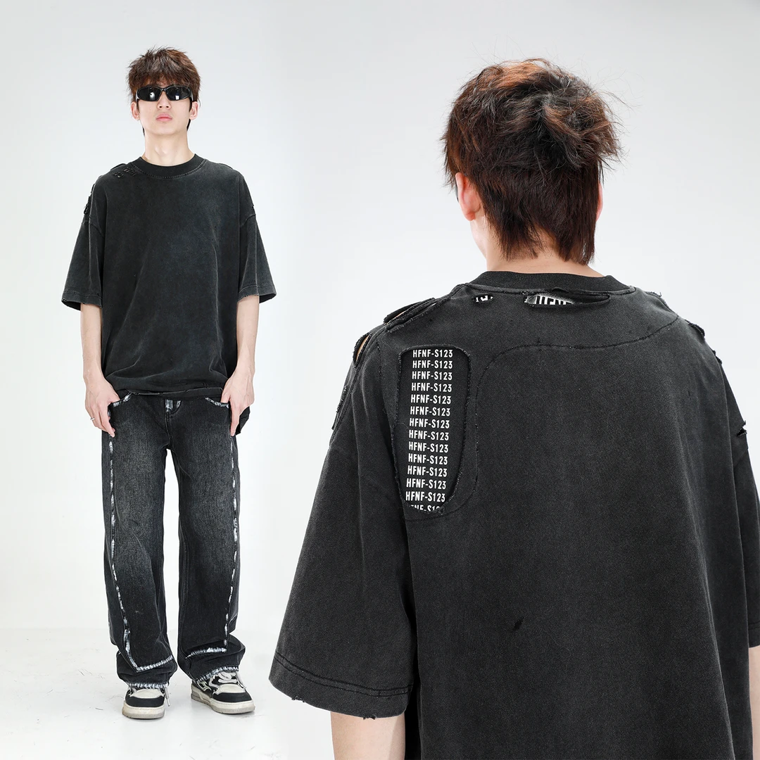 聪明陈 320克双纱棉夏季拼接数字破洞短袖T恤国潮半袖男10986