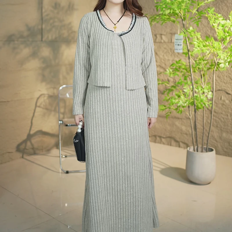 显瘦两件套长袖针织时尚中长款秋冬条纹气质上衣连衣裙两件套
