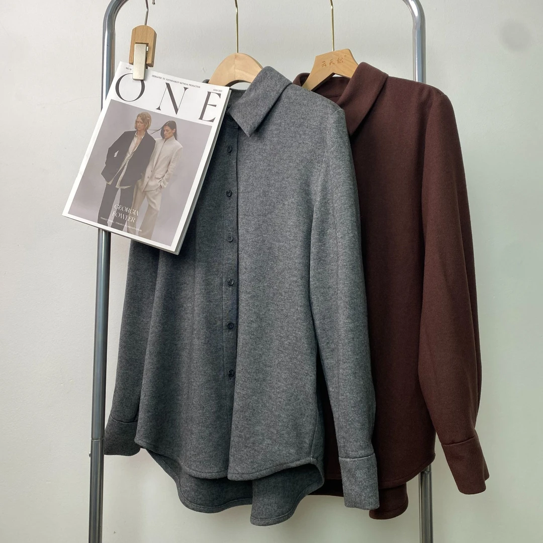 《云天织》方领羊毛时尚休闲百搭简约气质宽松长袖衬衫