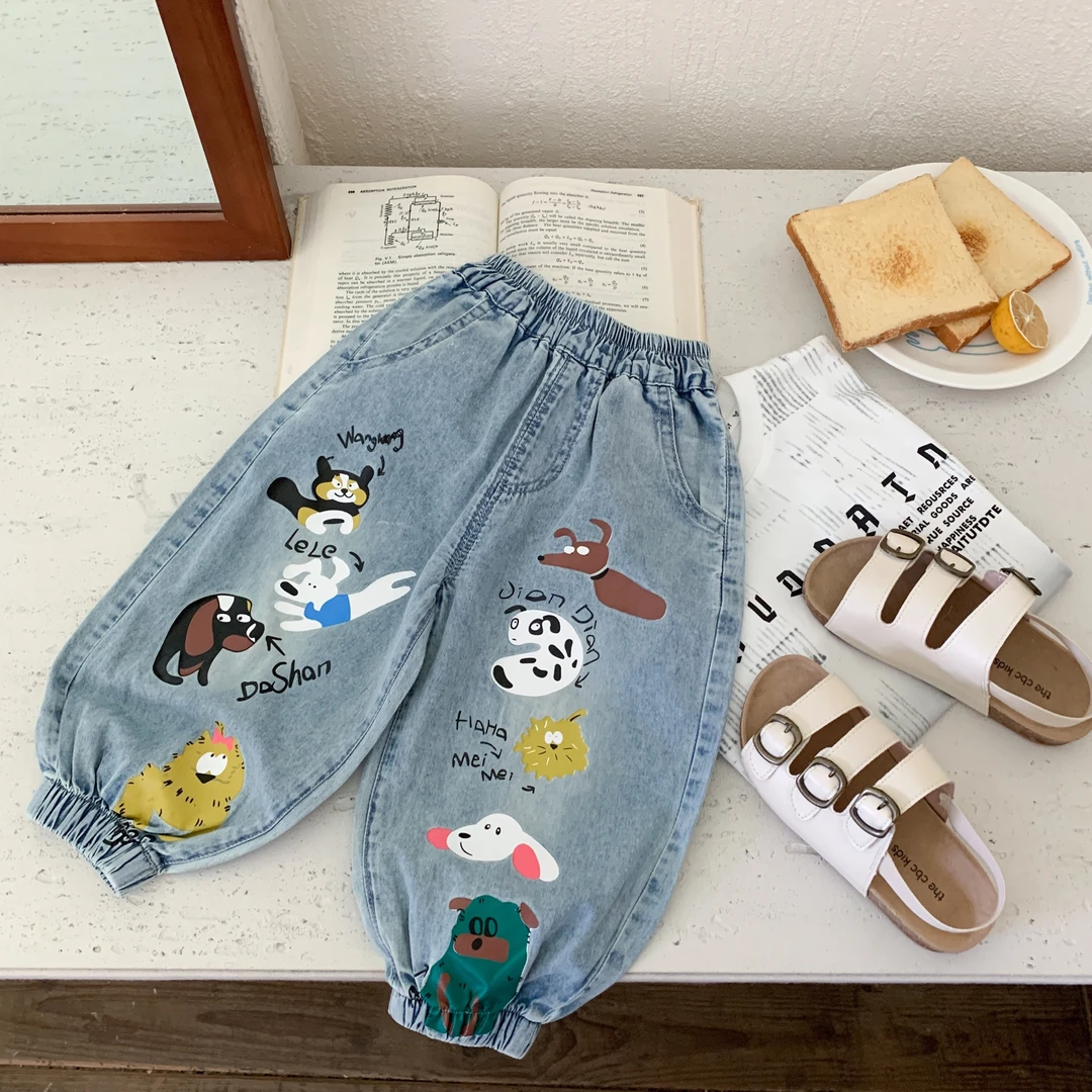男童夏季长裤薄款牛仔裤中小童宽松女宝宝洋气卡通可开档防蚊裤