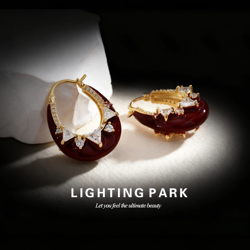 铜合金合成锆石耳饰 复古美拉德镶锆U形耳扣 时尚气质优雅耳饰