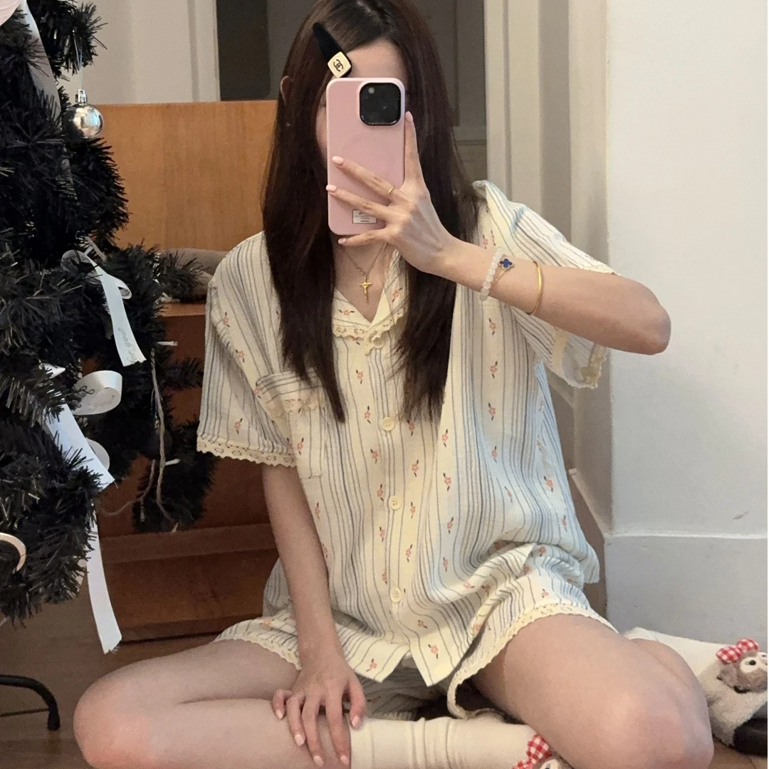 婴儿棉纱薄款夏季睡衣女短袖短裤开衫花边甜美少女纯棉家居服套装
