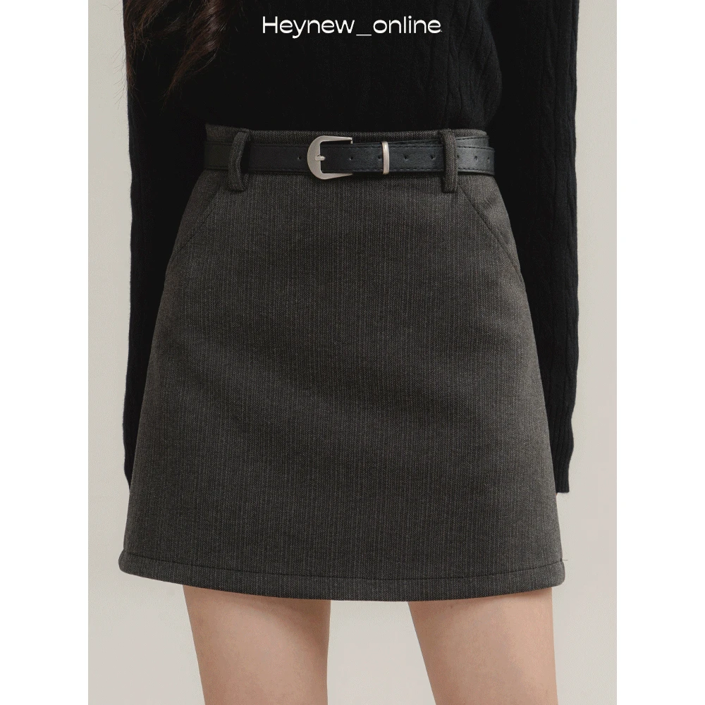 【现货】LOVEHEYNEW灰色高腰呢子a字半身裙显瘦包臀短裙-4D061