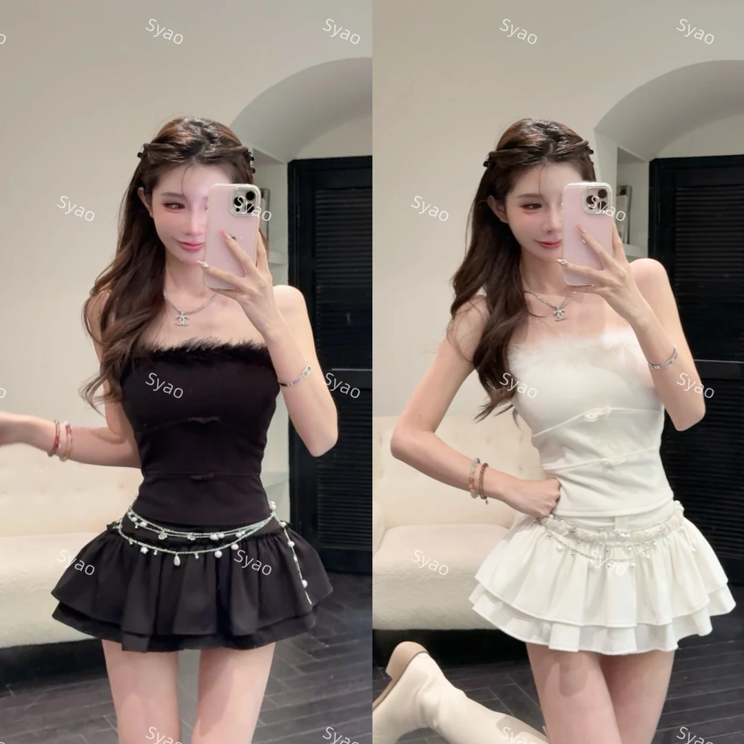 思瑶【甜欲少女】毛毛拼接收腰抹胸搭高腰蛋糕裙无领毛毛外套#1219