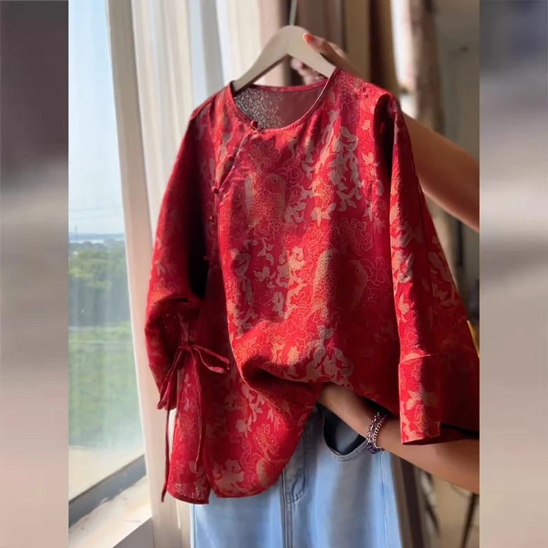 2025秋装新中式国风本命年红色提花衬衫女洋气老钱风唐装小衫上衣