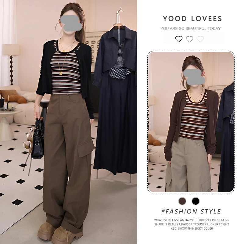 气质一整套ootd穿搭女春秋韩系纯色开衫条纹背心工装阔腿裤三件套