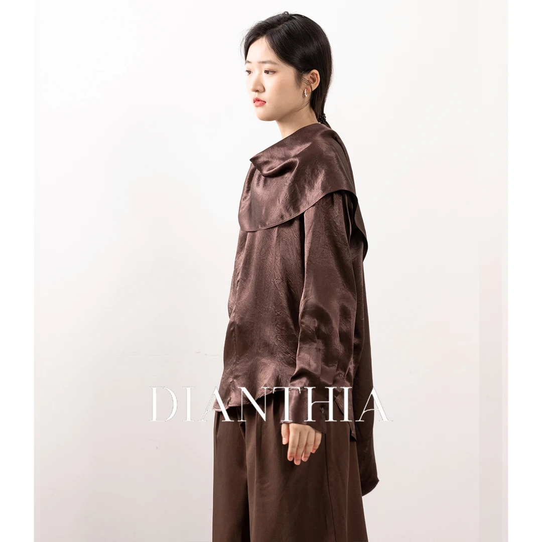 DianThia衬衫女2025新款时尚洋气100%醋酸飘带衬衫领设计长袖上衣