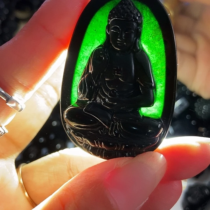 击***王翡翠未镶嵌颈饰墨翠阿弥陀佛