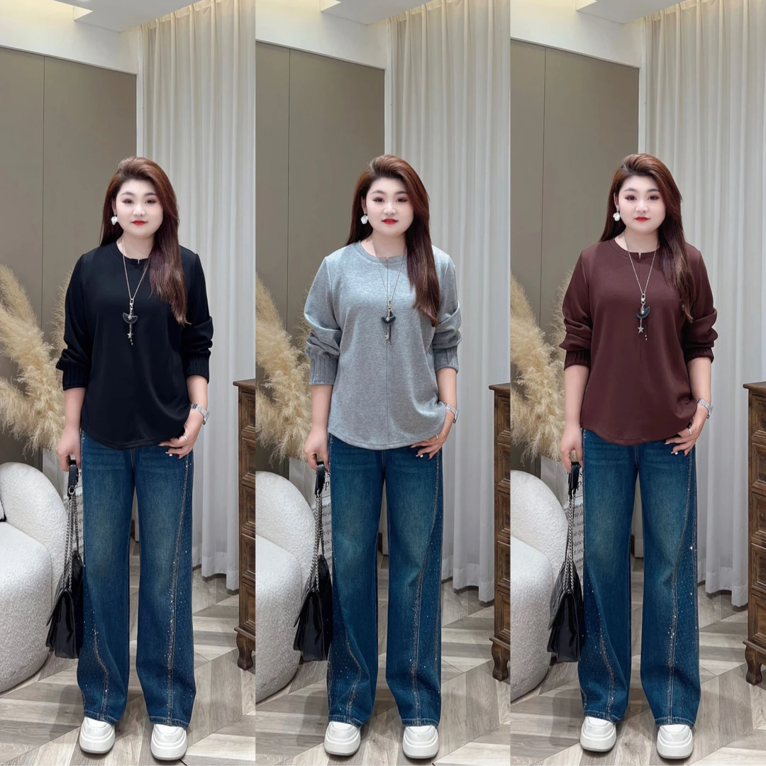 【上新上衣】PDM22549秋款新款显瘦褶皱设计感圆领大码女装T恤