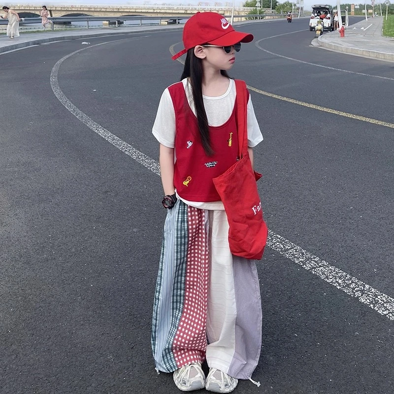 女童松弛慵懒风拼条纹格子阔腿裤夏季套装2025新款儿童韩版休闲裤