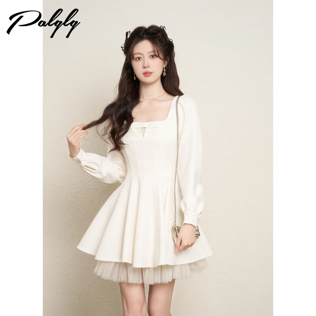 Pa千金风法式方领长袖连衣裙女秋冬a字公主裙子-54PDA44613