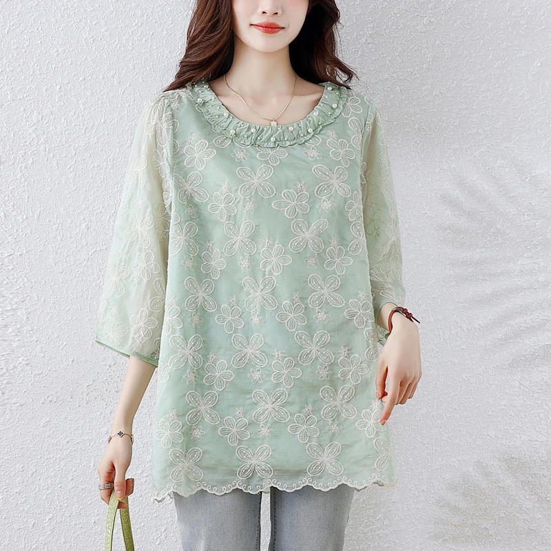 女士时尚碎花衬衫夏季2025新款宽松遮肚子中长款蕾丝刺绣休闲上衣