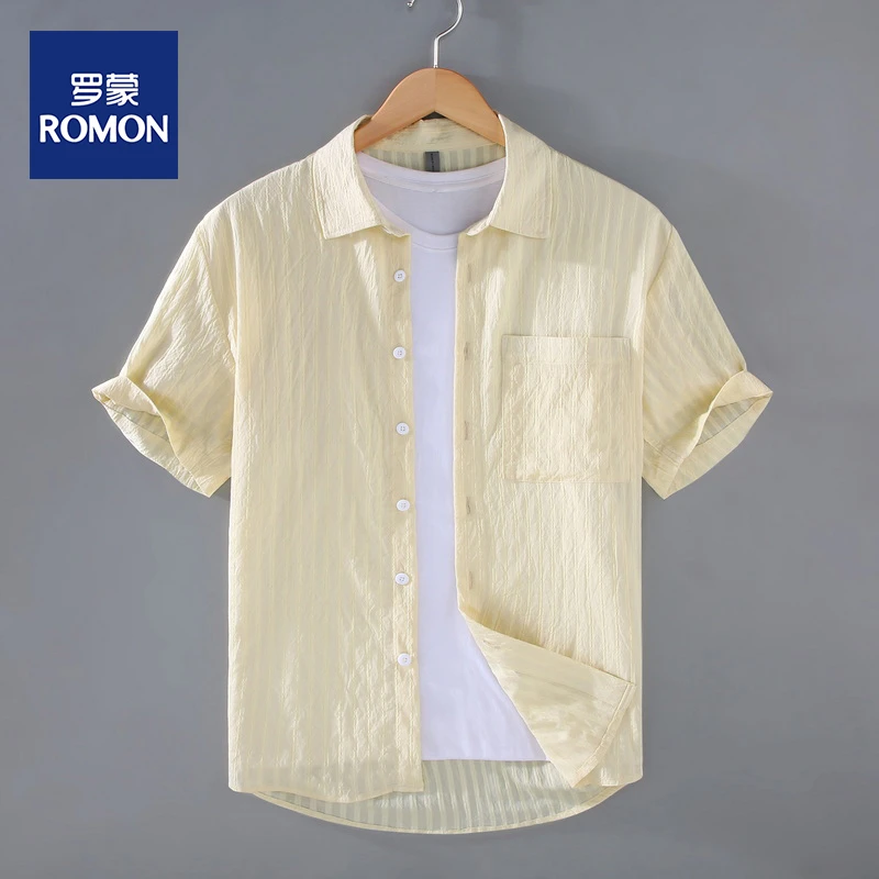 罗蒙春季新款百搭衬衫男士春秋款休闲短袖衬衣韩版宽松外套上衣服
