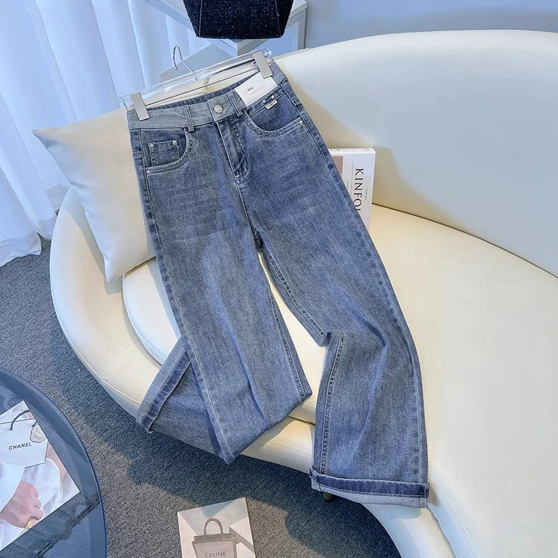 拉夏贝尔阔腿牛仔裤女2025春秋新款高腰设计感垂感显瘦窄版直筒裤