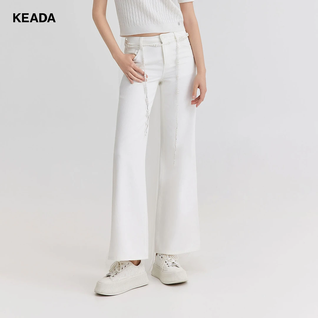 KEADA白色全棉牛仔裤阔腿裤女长裤百搭显瘦KSN3JE4335