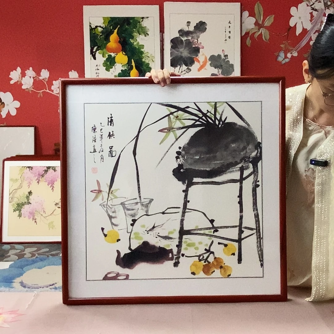 国画手写手绘国画作品带框包邮62✖️62