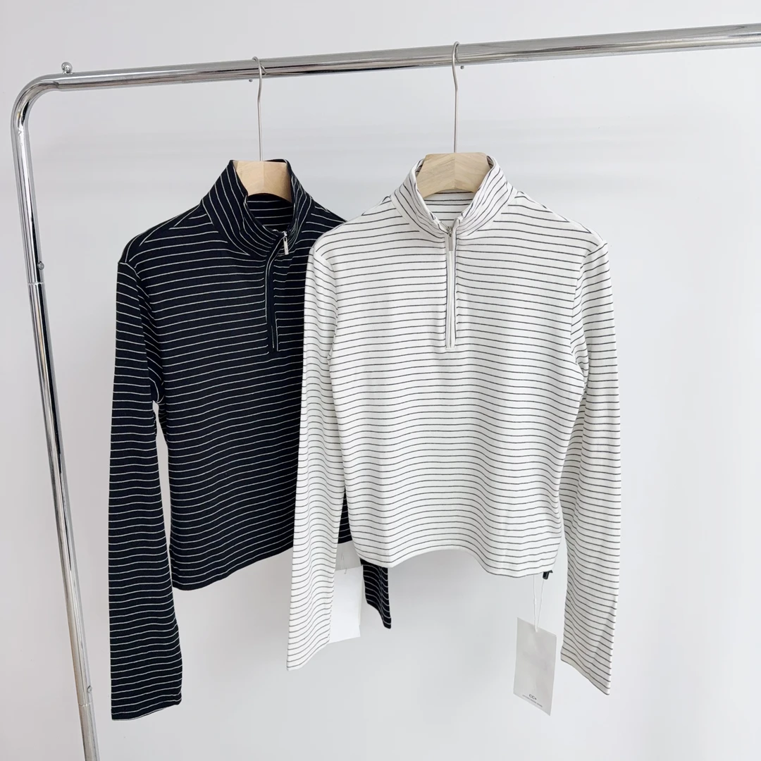 D133 条纹立领半拉链显瘦T恤