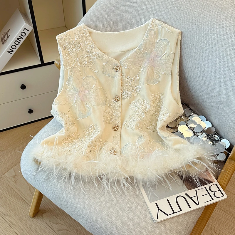 新中式国风丝绒马甲女刺绣上衣2025秋冬新款鸵鸟毛马夹坎肩背心