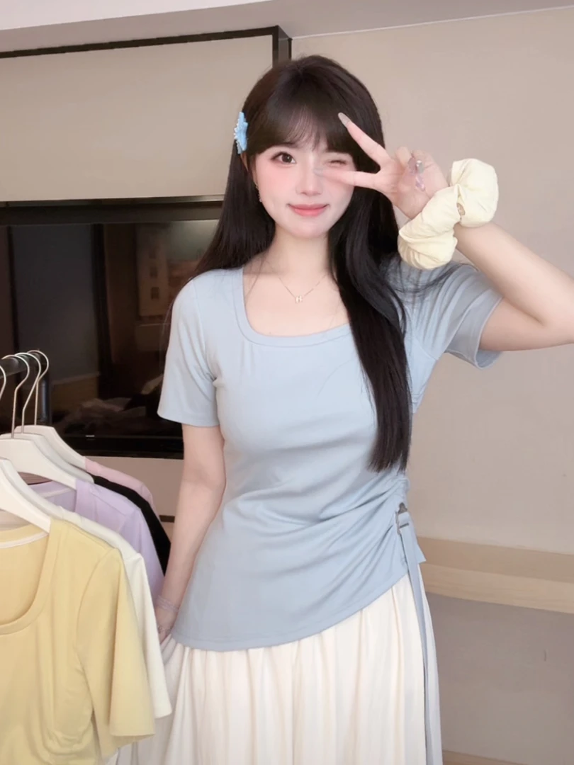 胖mm夏季新款法式方领多色上衣下摆开叉不规则遮肚显瘦T恤04039