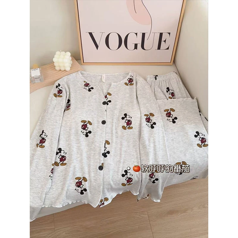 【疯狂小米奇】睡衣女带胸垫坑条莫代尔棉可爱长袖长裤春秋家居服