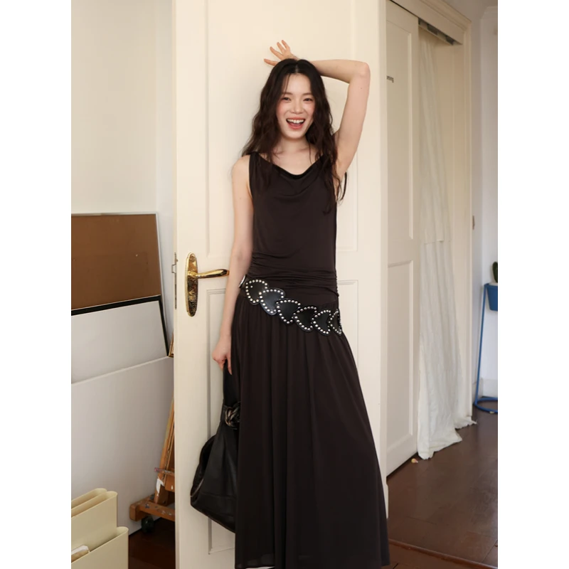 【3/20 新品】25春夏新款 醋酸轻薄凉感两穿一字领修身长款连衣裙