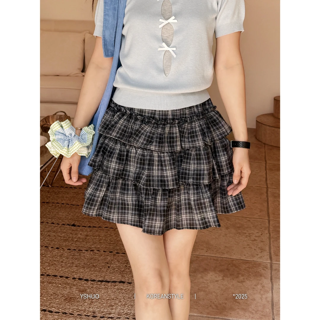 YSHUO【蓝莓蛋糕】百搭复古格子有内衬减龄蛋糕格子半裙 8769