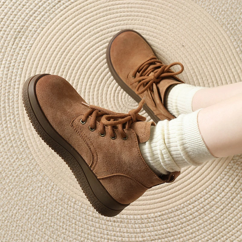 百搭复古厚底秋季女鞋圆头系带时尚休闲女靴年秋季新款春秋真皮