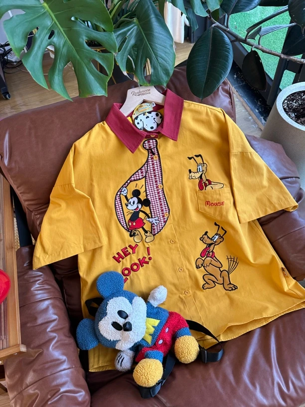 RUSHMOON自制 夏季复古小众可爱卡通刺绣短袖衬衫设计感宽松百搭