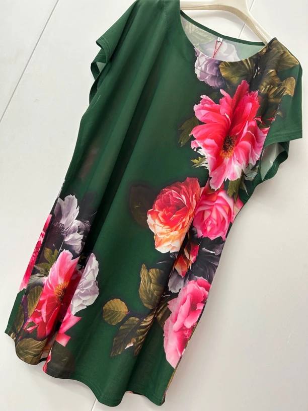 夏季中长款女衫  休闲妈妈衫百搭时尚落肩袖花色弹力大码套头衫88