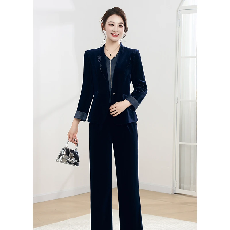 绣花金丝绒三件套裤2025新款秋季一粒扣小西装御姐范女装长裤套装