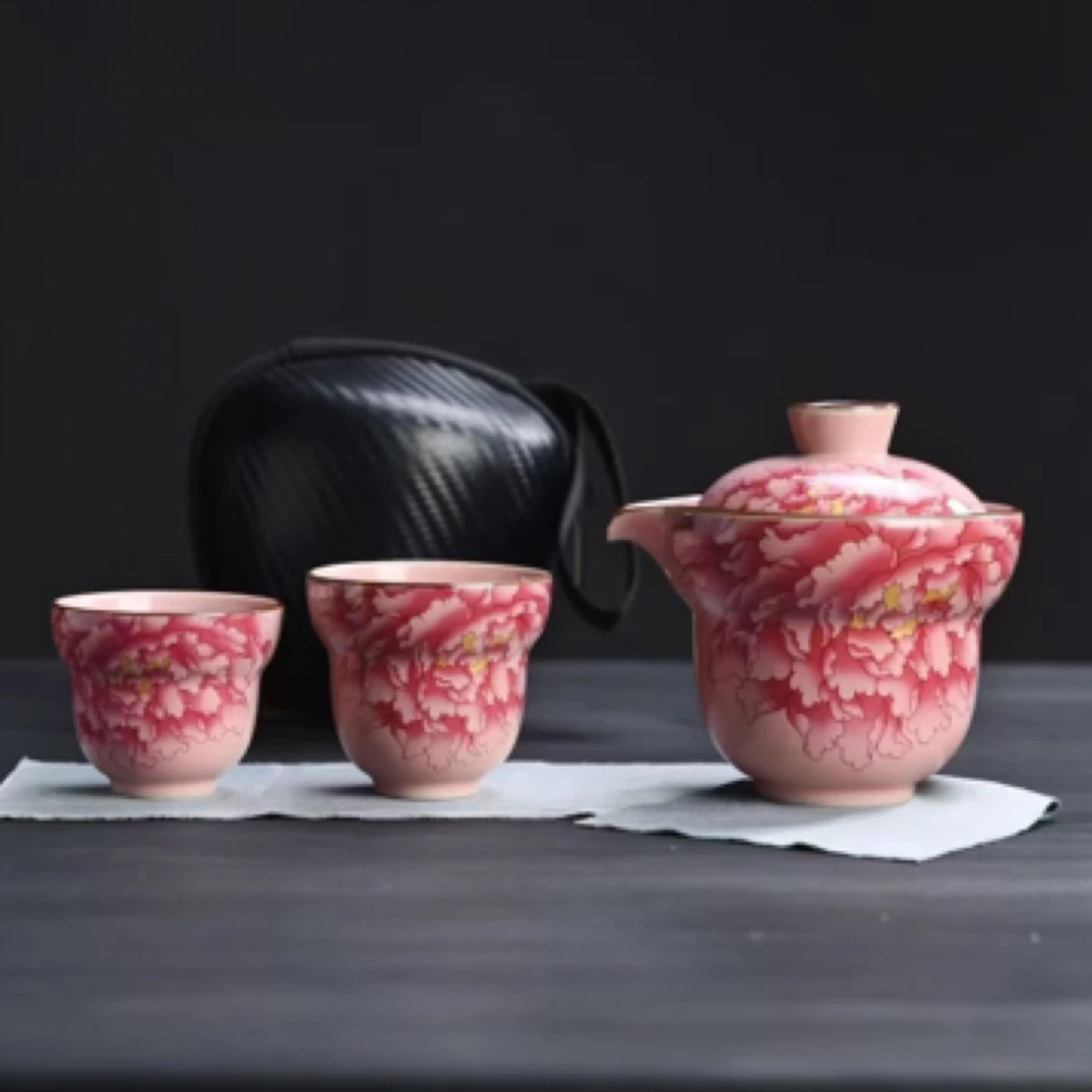 C287粉色汝窑一壶二杯旅行茶具
