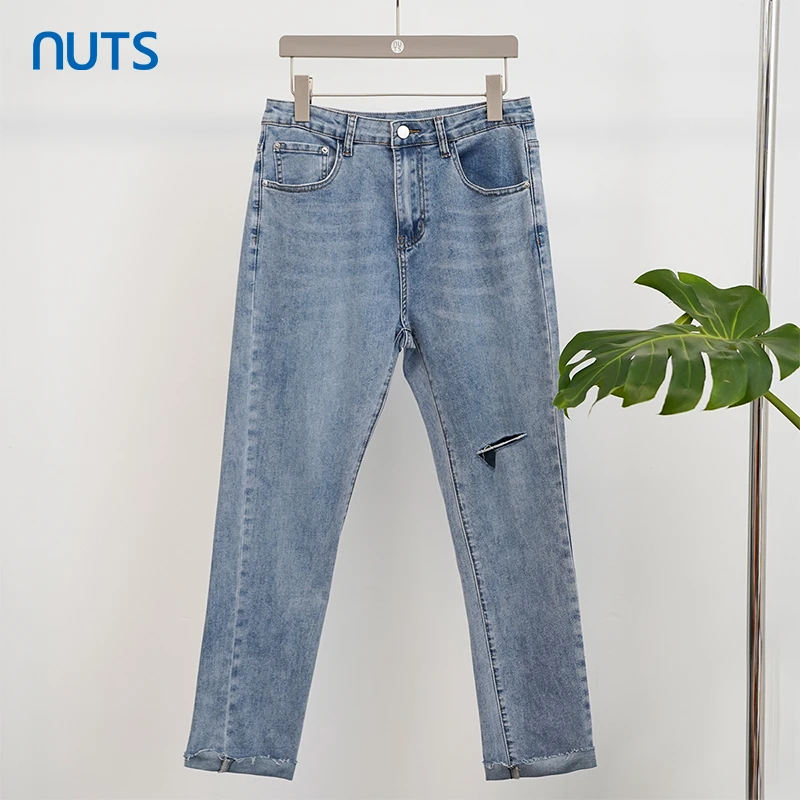 NUTS商场同款夏季蓝色高腰显瘦气质百搭水洗牛仔长裤321113221