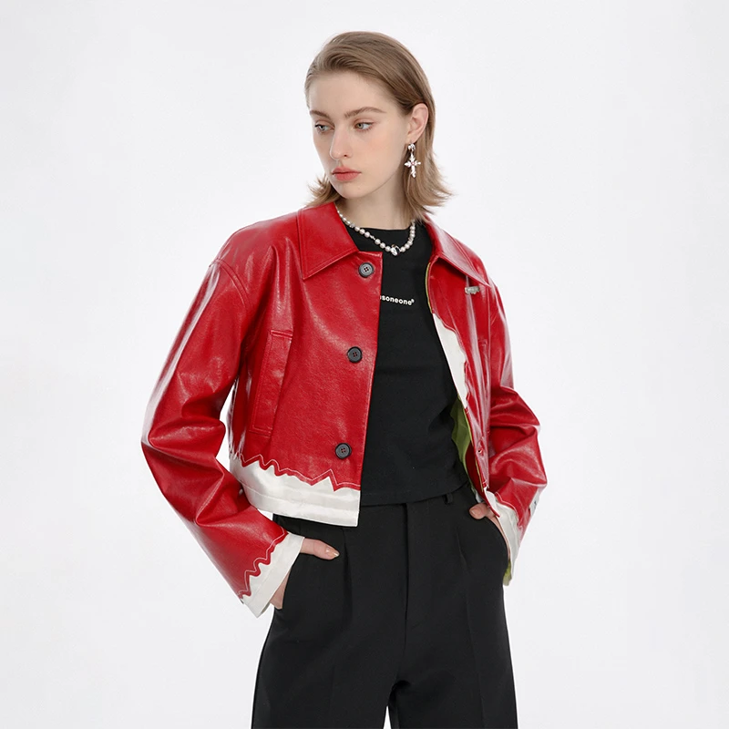 【品牌清仓】PLUSONEONE+原创高级感拼接撞色油皮机车夹克短外套