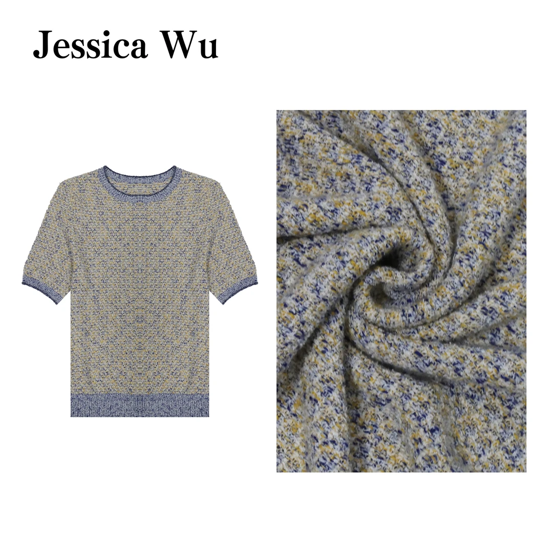JESSICA WU法式复古通勤款米白底花呢纹理短袖针织衫2535904010