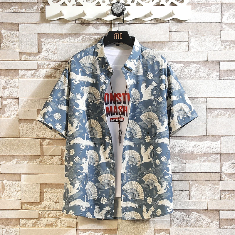 新中式国潮短袖复古衬衫男夏季宽松潮流夏威夷沙滩度假衬衣外穿