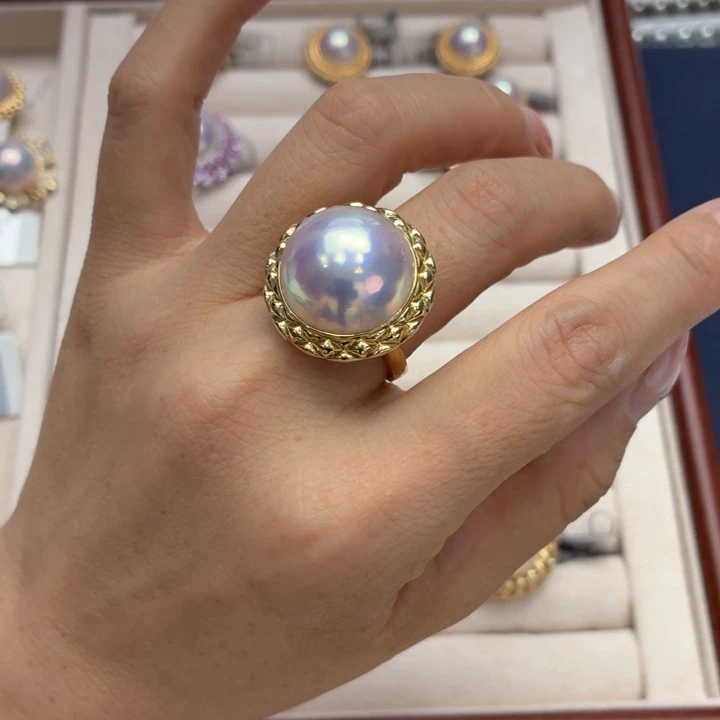 戒指18K金镶嵌拼合珍珠（马贝珠）17-18