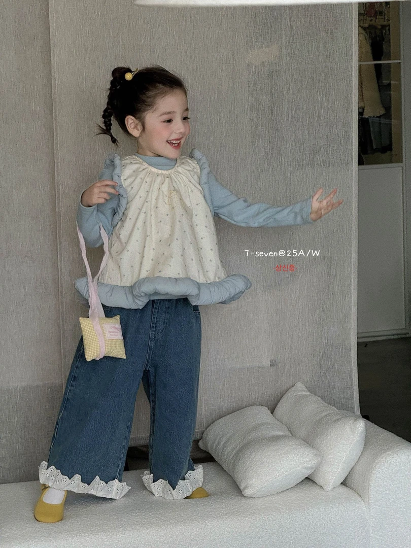 7-seven原版2025秋季女童套装女宝宝甜美碎花马甲打底衫蕾丝牛仔