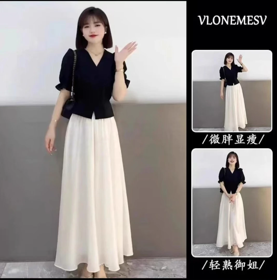 （在仓发货）夏装赫本风通勤法式泡泡短袖上衣裙裤两件套