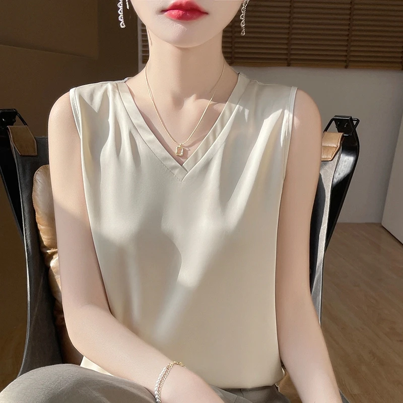 缎面吊带背心V领春夏西装内搭打底无袖上衣气质外穿宽松显瘦