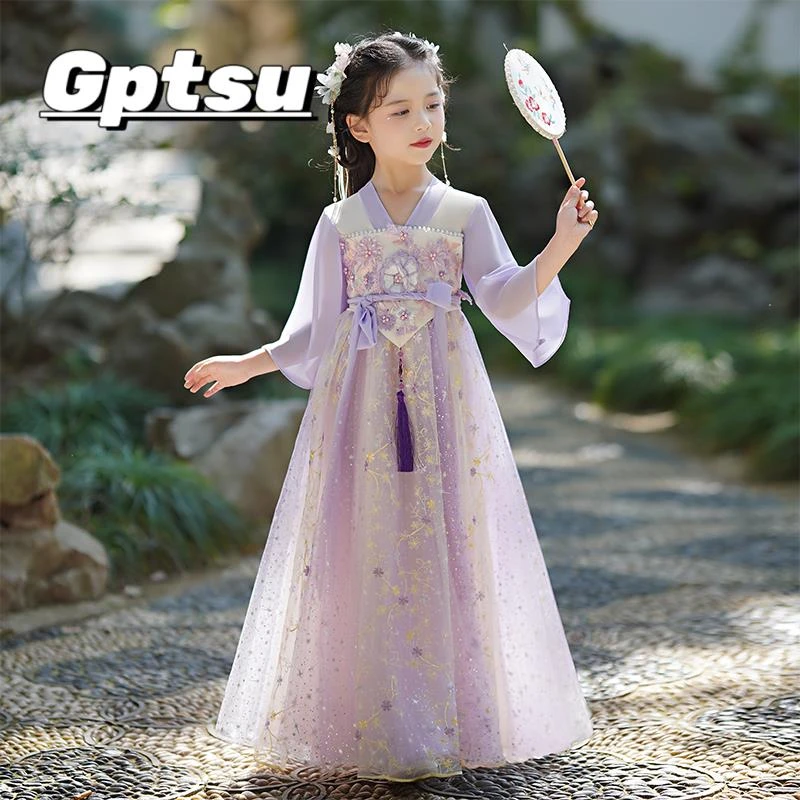 GPTSu2025新款国风小女孩古装儿童唐装齐胸襦裙紫色连衣裙春夏潮