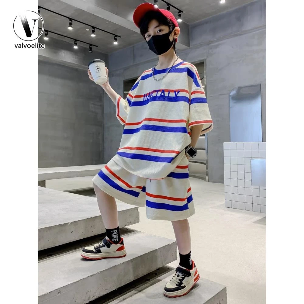 VALVOELITE男童套装条纹短袖夏季2025新款大儿童痞帅气时髦运动潮