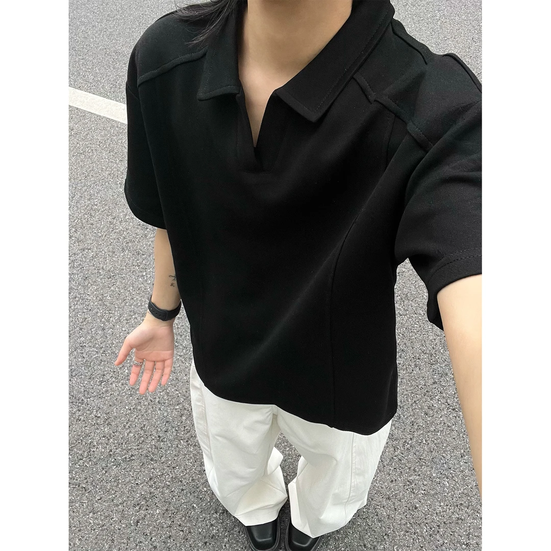 重磅正肩polo衫男款痞帅高级感V领拼接短袖T恤修身显瘦短款半截袖