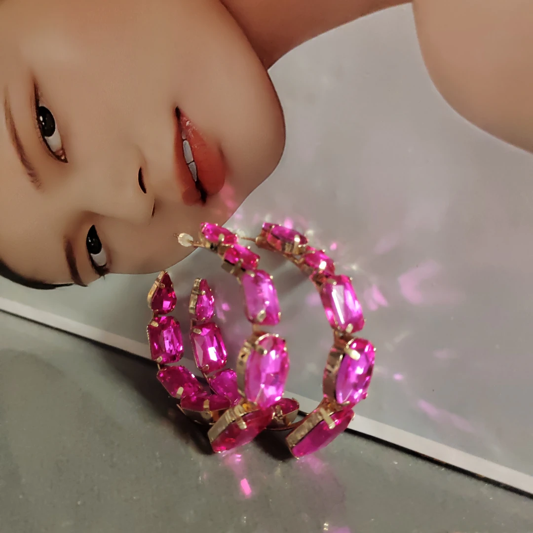 铜合金仿水晶耳饰 玫红色大圈圈耳环2025年火爆款高级感夸张耳饰