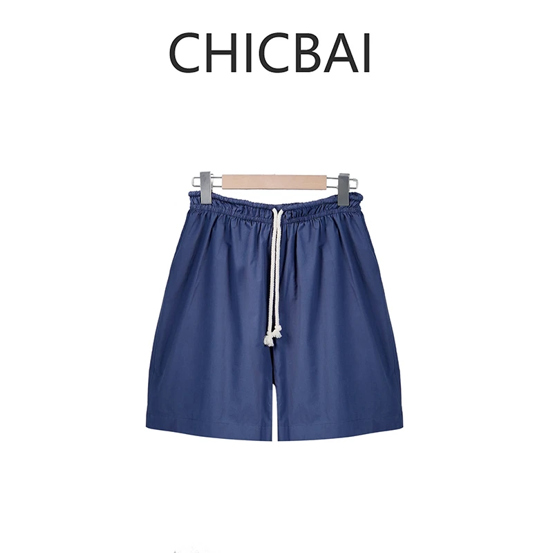 CHIC白 十字刺绣 松紧腰立体抽褶夏季透气速干短裤