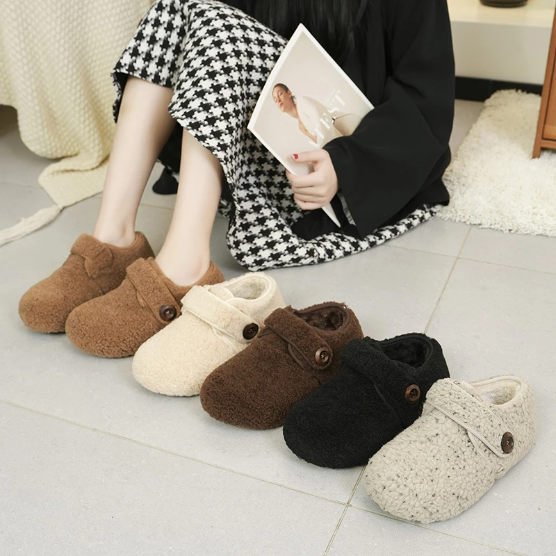 法式复古魔术贴加绒毛毛鞋女2025冬季新款百搭圆头保暖踩屎感棉鞋