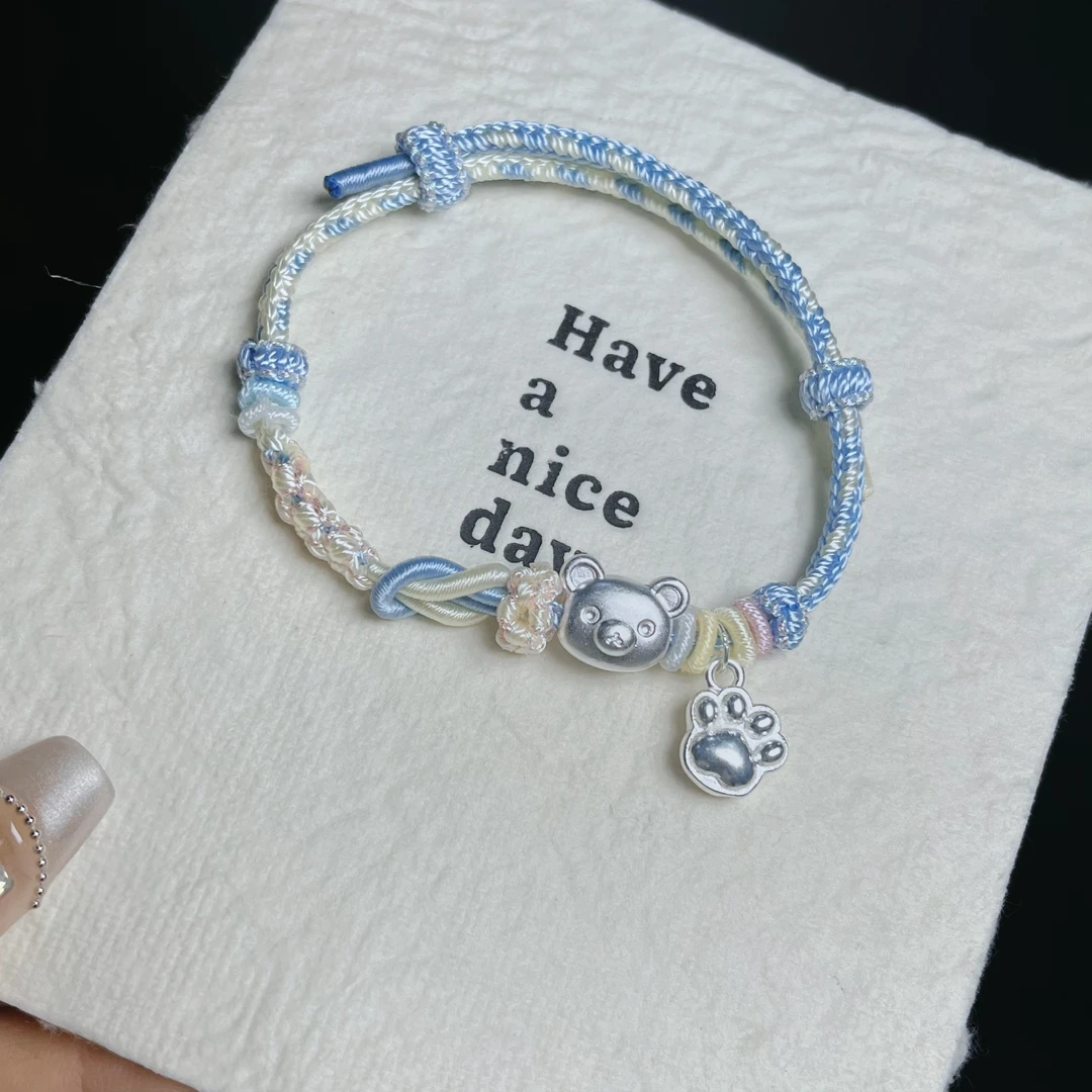 足银手链 足银999轻松熊手链女生纯银手工编绳情侣送闺蜜生日礼物