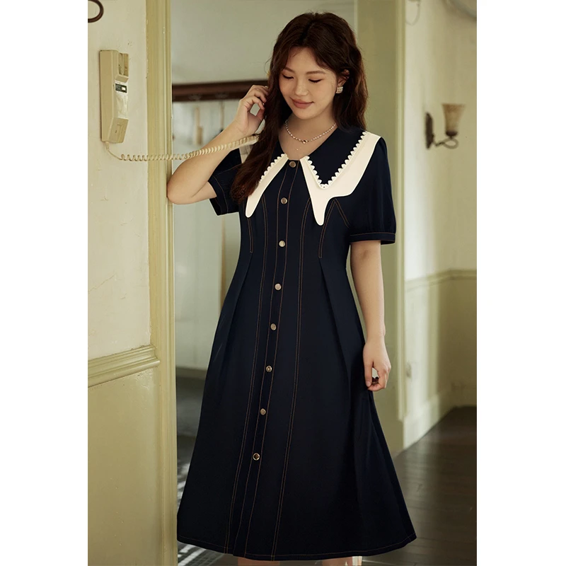 五季家微胖定制设计感气质小香风娃娃领减龄连衣裙思思ZL53690