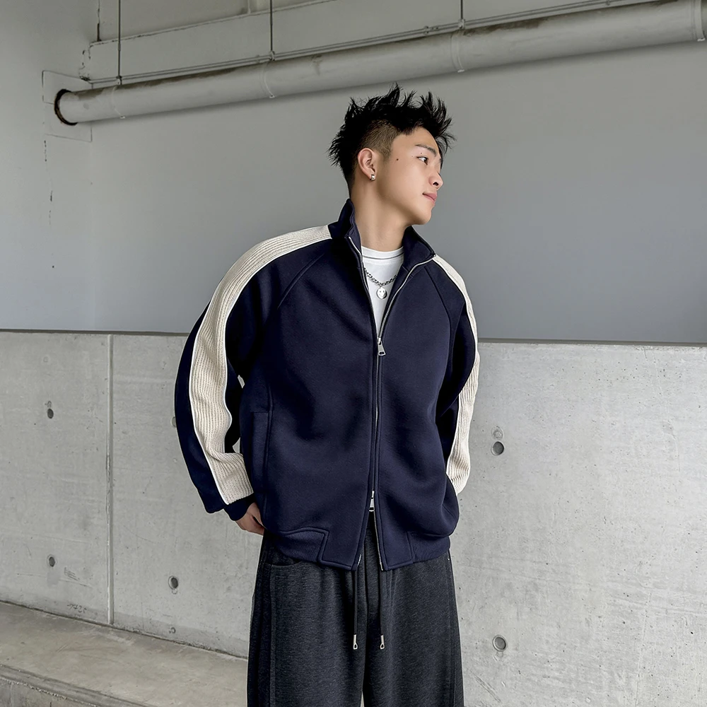 美式休闲立领外套男女情侣秋冬潮流拼接双头拉链开衫卫衣宽松夹克